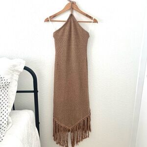 Vacay Fringe Hem Tie Backless Bodycon Crocheted Dress - M